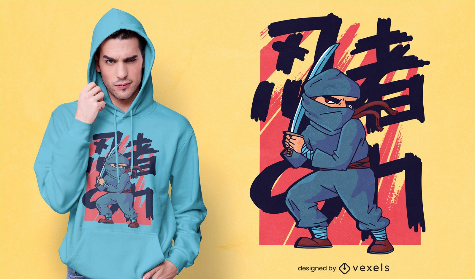 Diseño de camiseta de dibujos animados de niño guerrero ninja