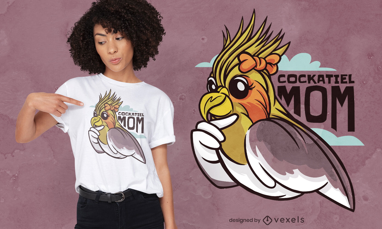 Desenho de t-shirt dos desenhos animados da mãe do pássaro cockatiel