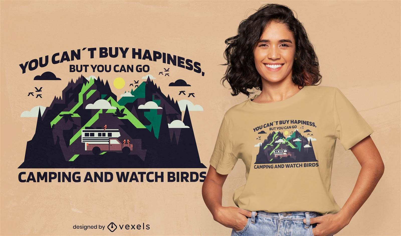 Design de camisetas para observação de pássaros e acampamento