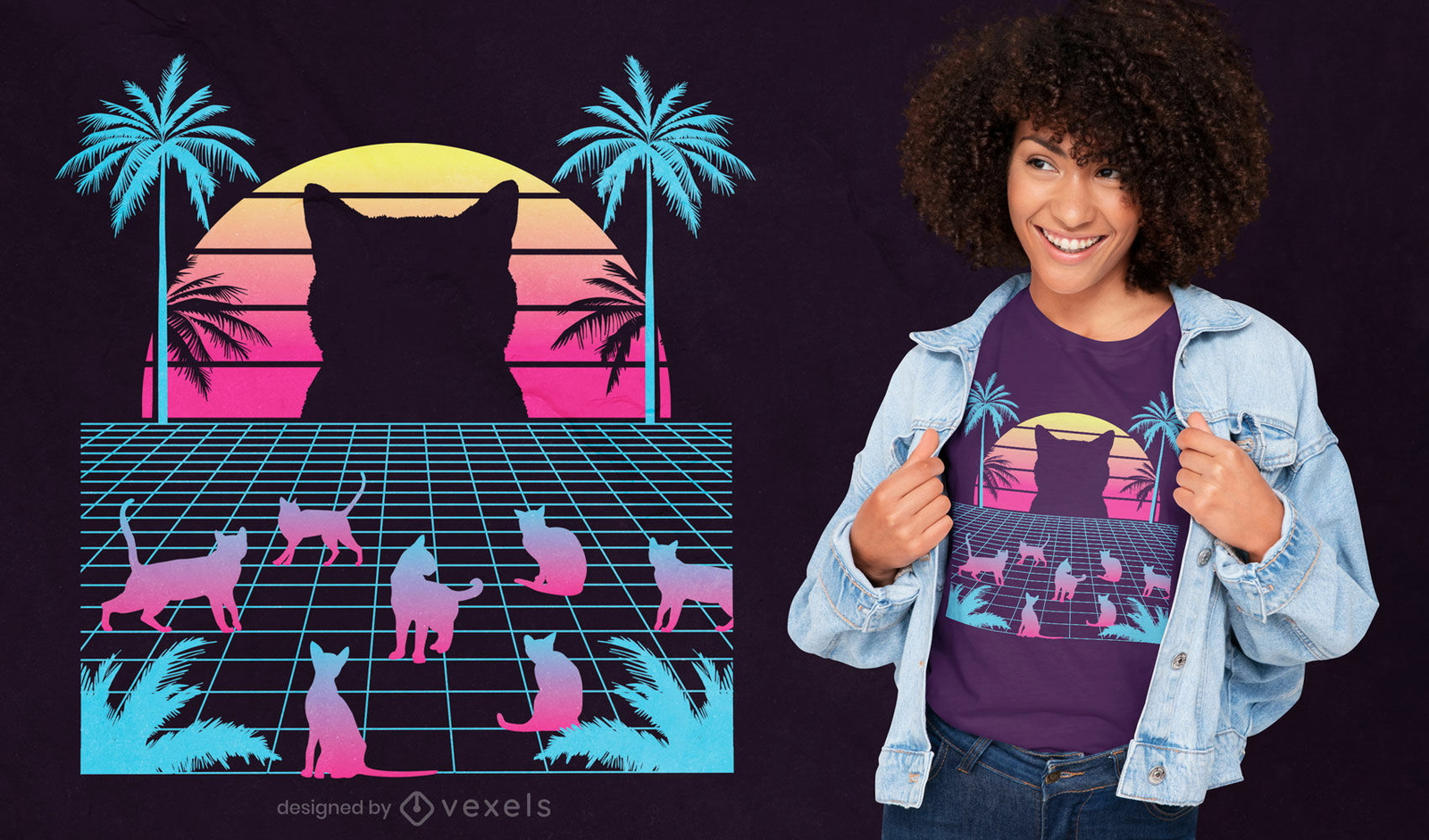 Diseño de camiseta Cats vaporwave.