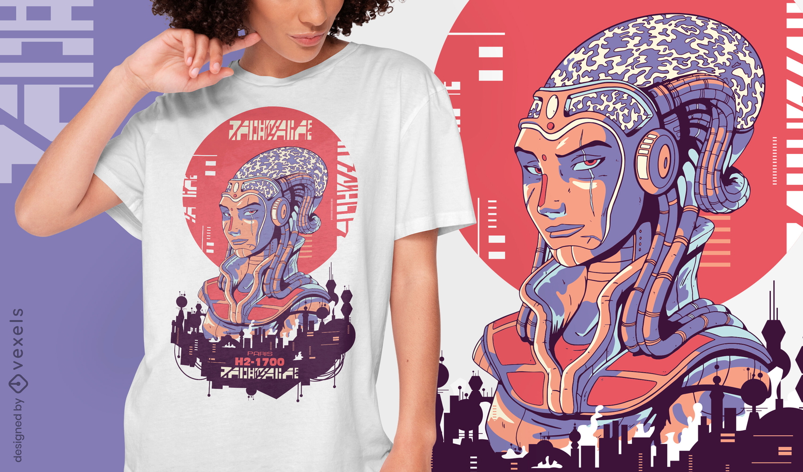 Diseño de camiseta urbana cibernética de mujer futurista.