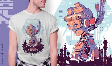 Diseño de camiseta urbana cibernética de niña futurista.