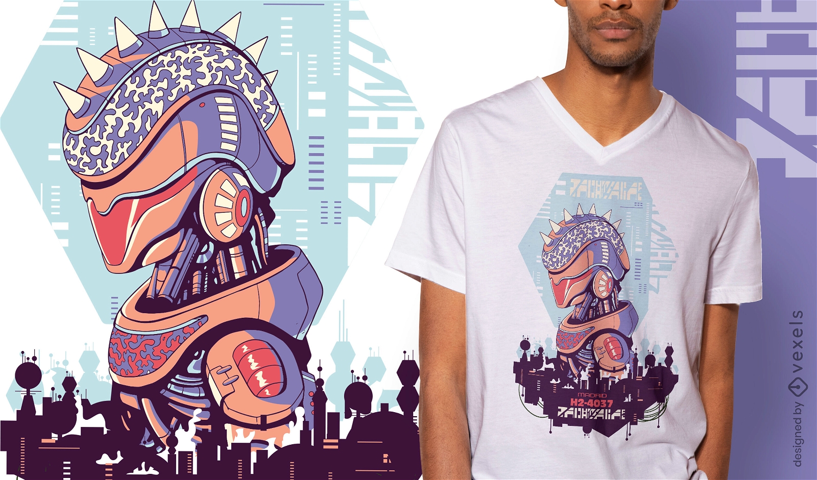 Design de t-shirt do robô cibernético urbano de ficção científica