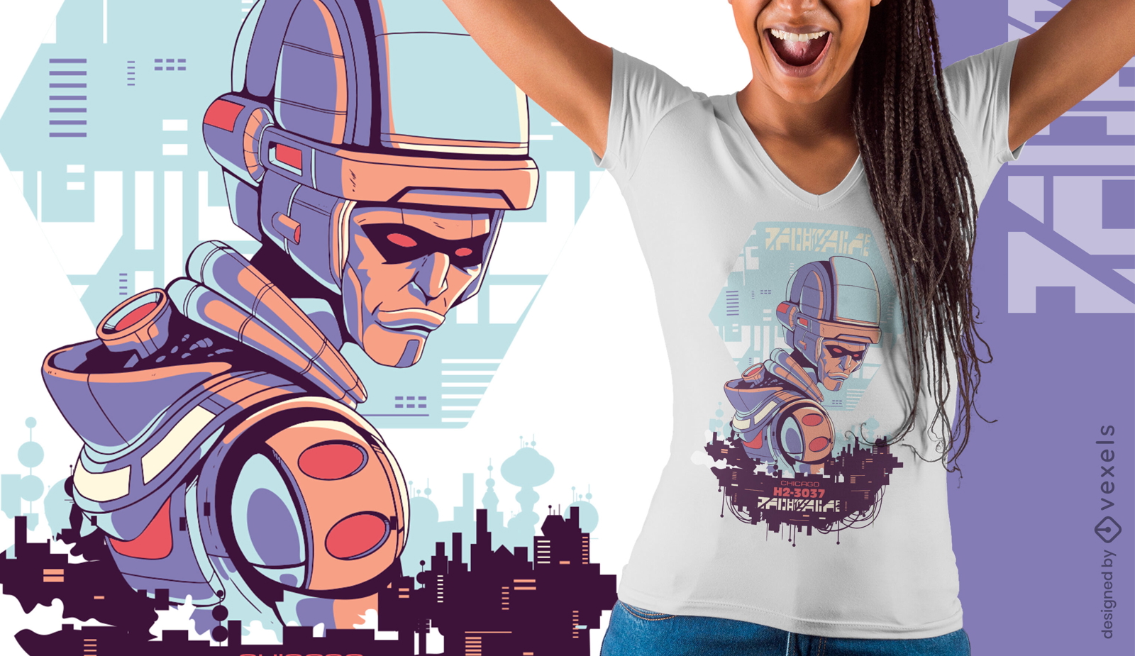Design de t-shirt do robô do mal de ficção científica urbana cibernética