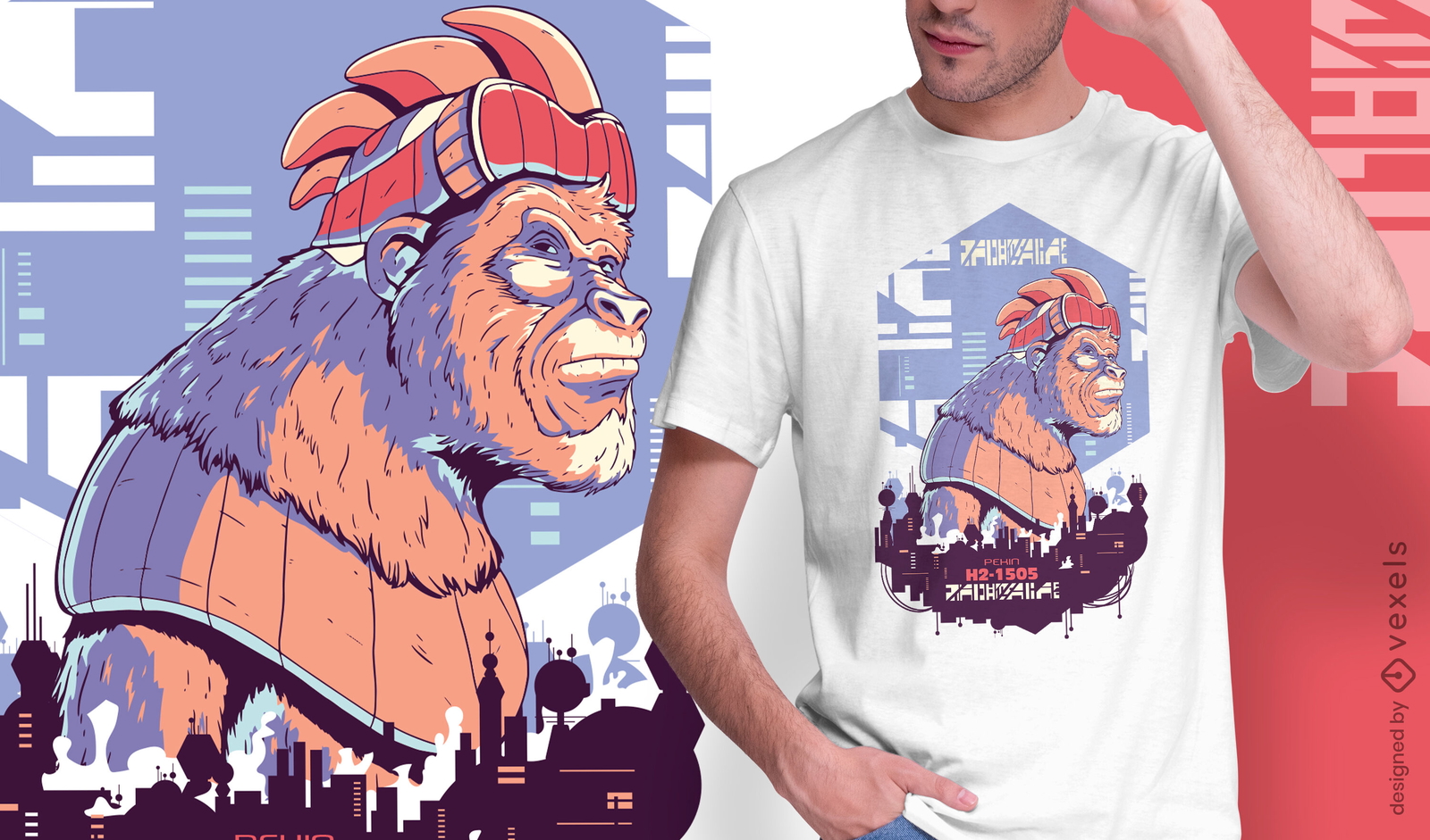 Diseño de camiseta cyber urban robot gorilla