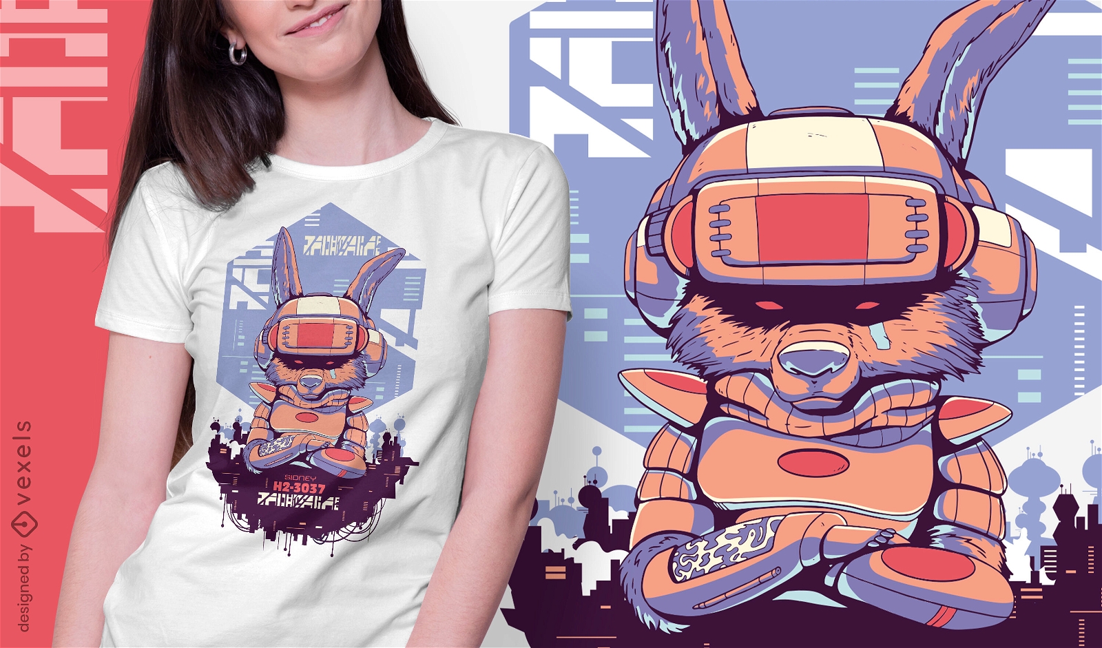 Desenho de t-shirt urbana cibernética e sci-fi do coelho robô