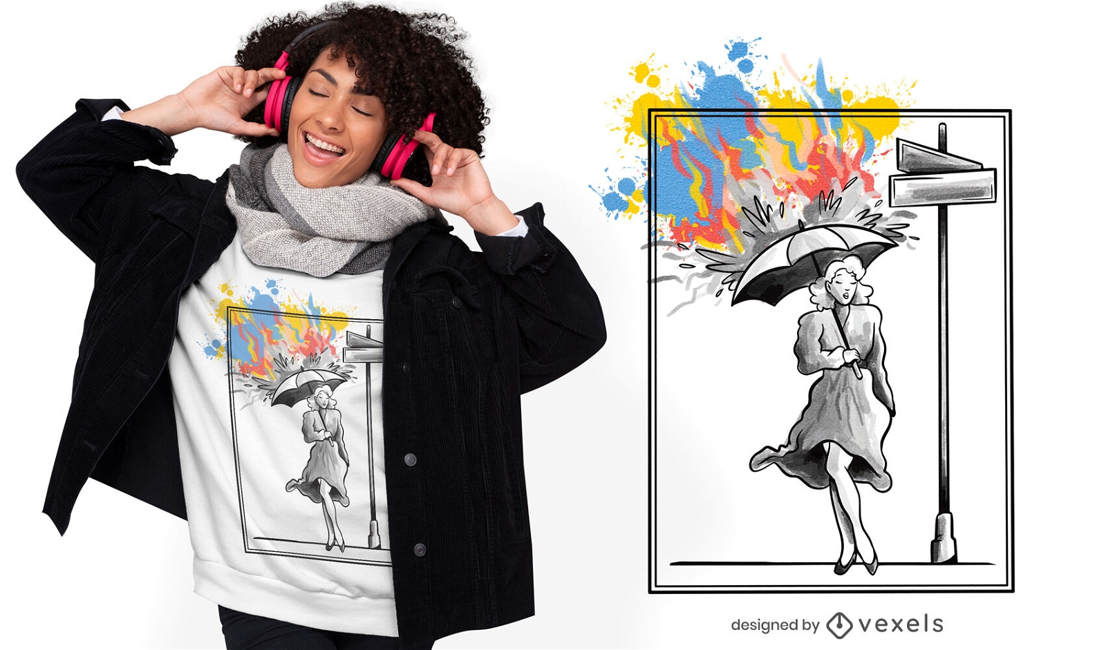 Mulher com design de camiseta de chuva de cor de guarda-chuva