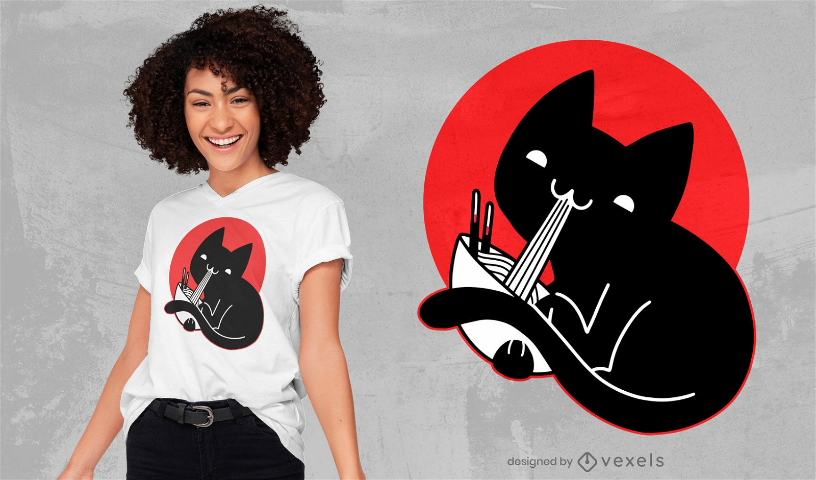Schwarze Katze, die Ramen-T-Shirt Design isst