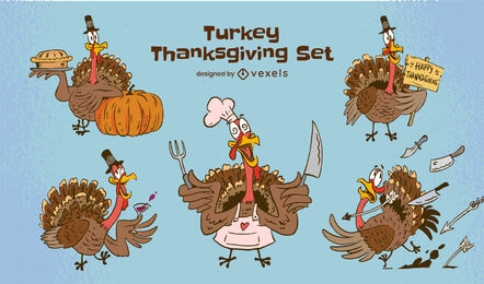 Conjunto de personagens de desenho animado da Turquia para o Dia de Ação de Graças