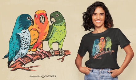 Desenho de t-shirt com ilustração de três papagaios