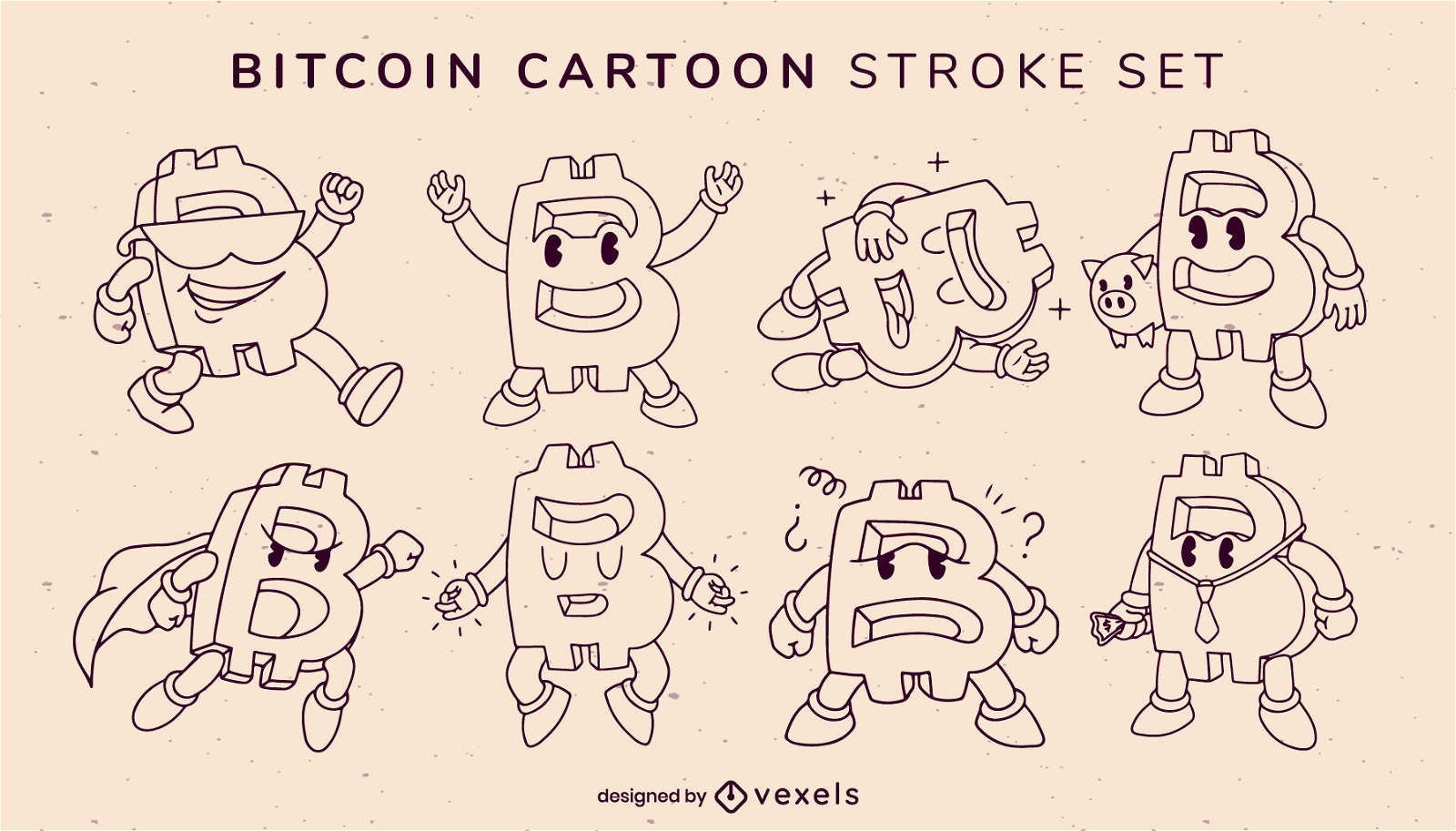 Cryptocurrency cartoon stroke characters set