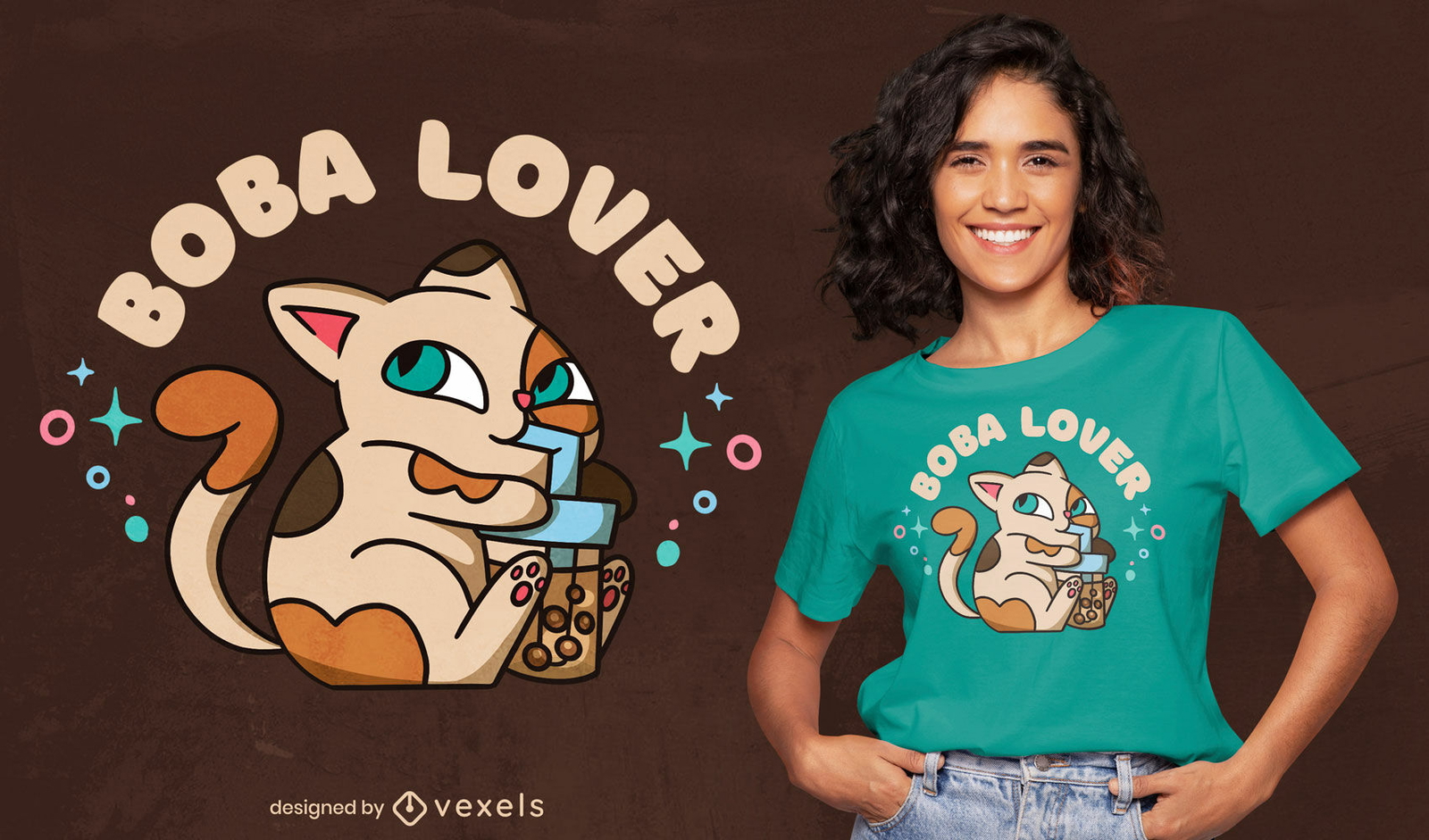 Gato bebendo chá de boba design de camiseta