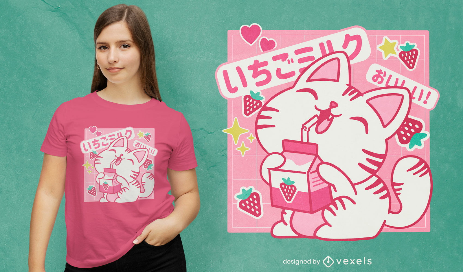 Diseño de camiseta de gato japonés de leche de fresa.