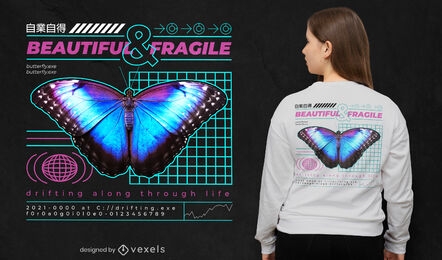 Camiseta azul borboleta inseto vaporwave psd