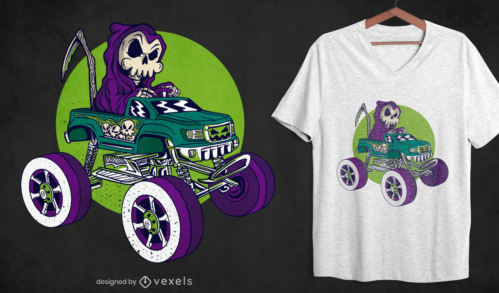 Grim reaper en diseño de camiseta de monster truck