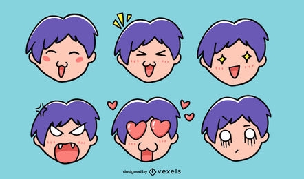 Funny anime boy emotions doodle set