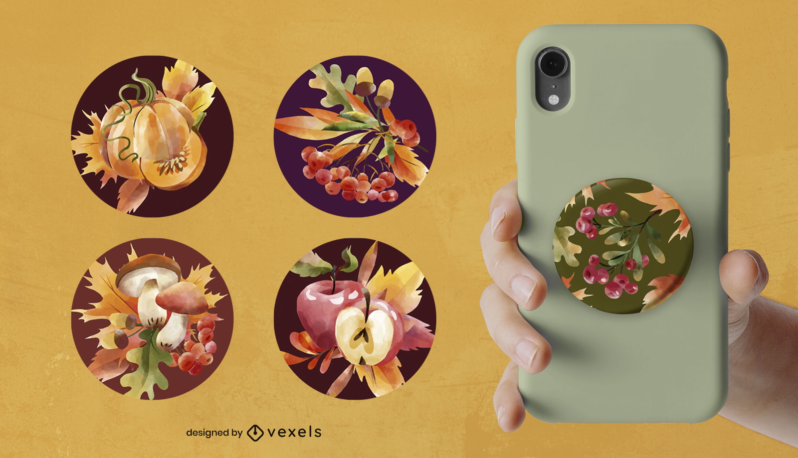 Conjunto de popsocket de naturaleza oto?al acuarela