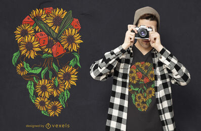 Design de camiseta com caveira girassóis RPG