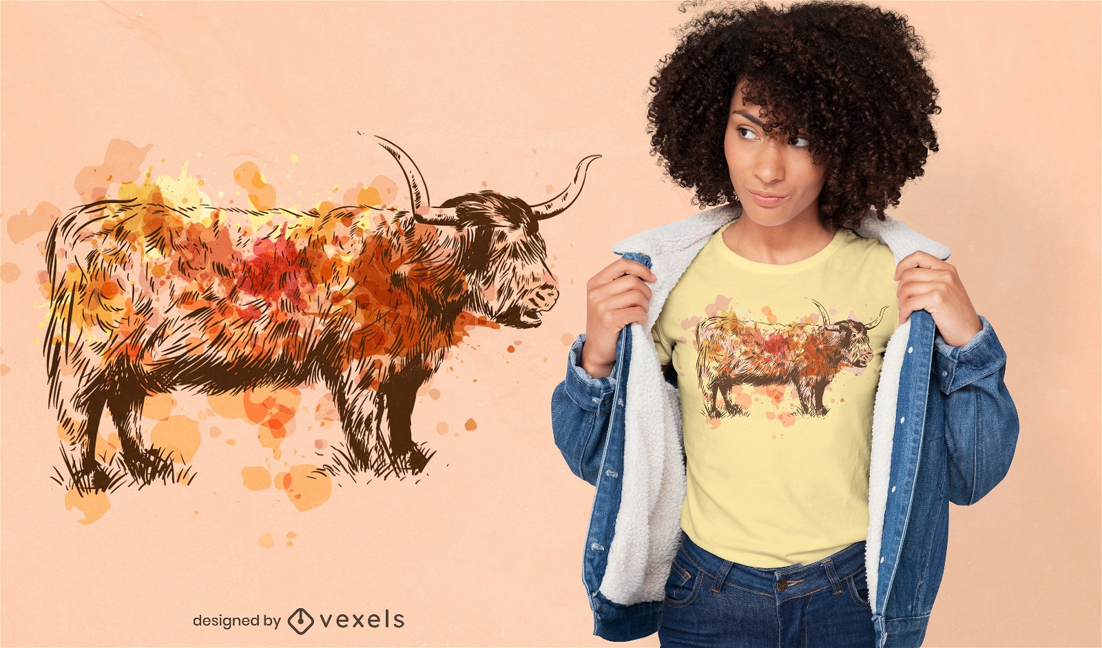 Projeto de camiseta em aquarela para gado escocês