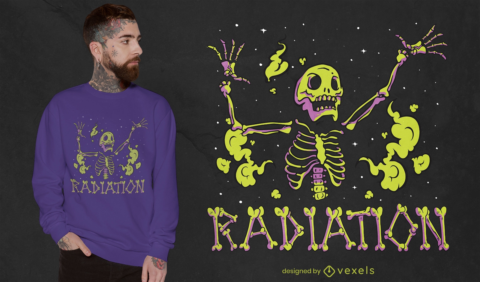 Design de camiseta de criatura de esqueleto radioativo