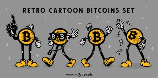 Cryptocurrency retro cartoon set of characters