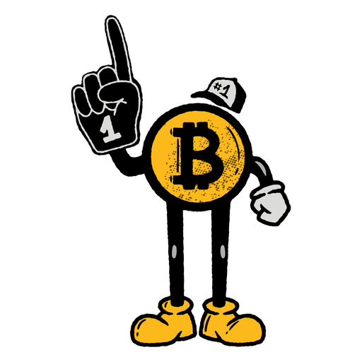 Personaje de dibujos animados retro de espuma de dedo bitcoin