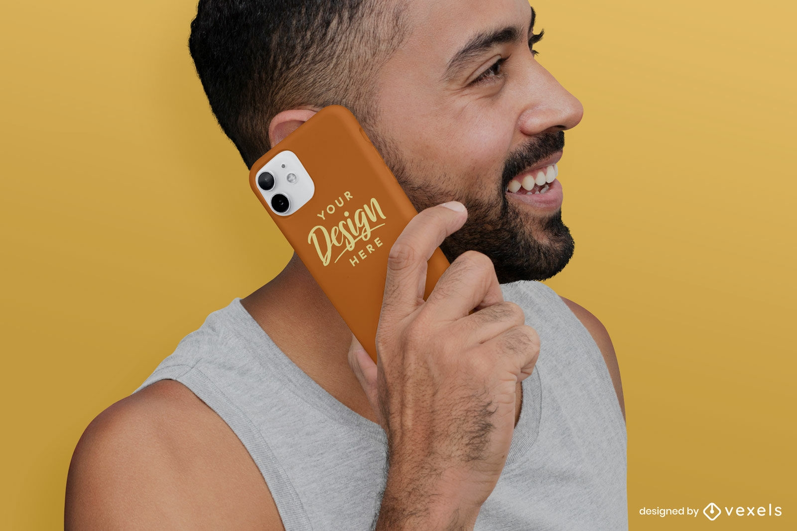 Man laughing with cellphone phone case mockup