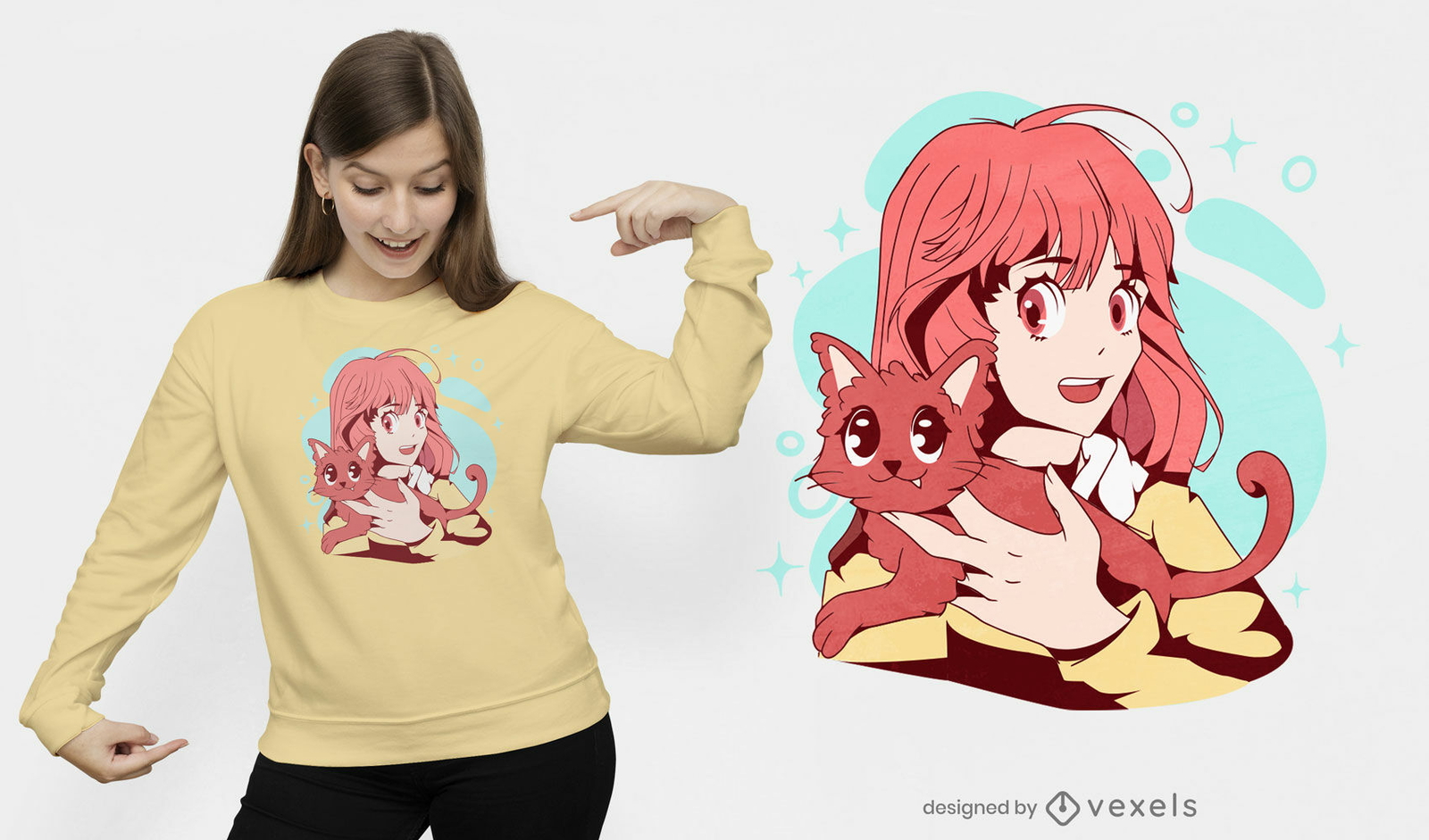 Anime-Mädchen mit Katzen-T-Shirt-Design