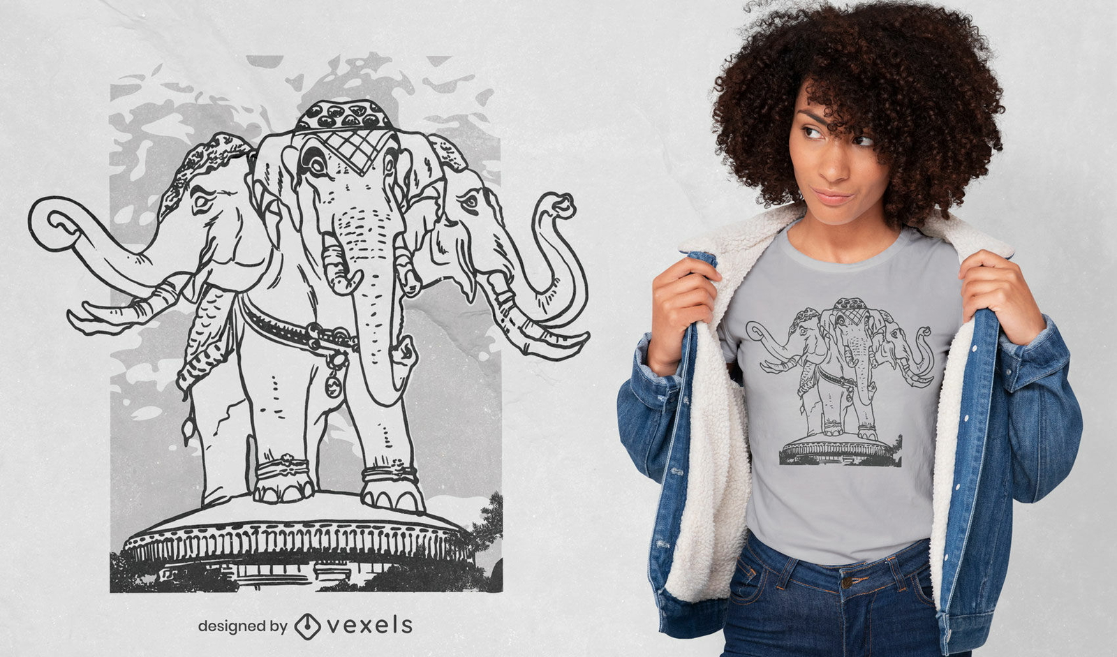 Design de camiseta de elefante de três cabeças