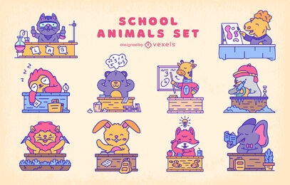 Animais na escola conjunto de traços coloridos