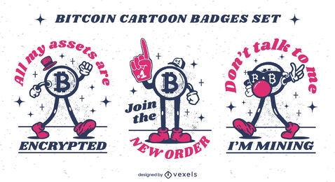 Crypto retro cartoon badges set