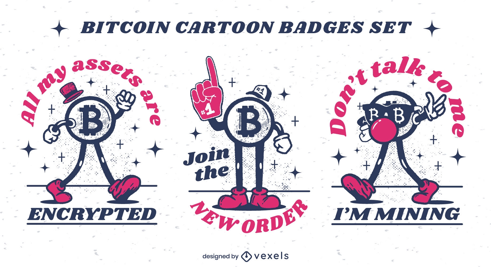 Bitcoin retro cartoon badges set