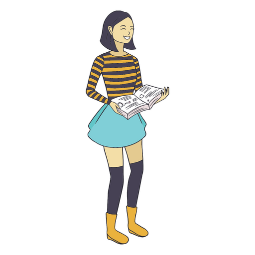Asian girl character reading PNG Design