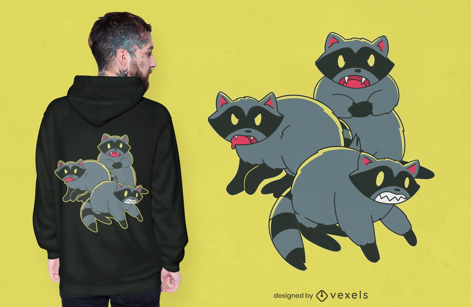 Diseño de camiseta de dibujos animados de mapaches rabiosos.