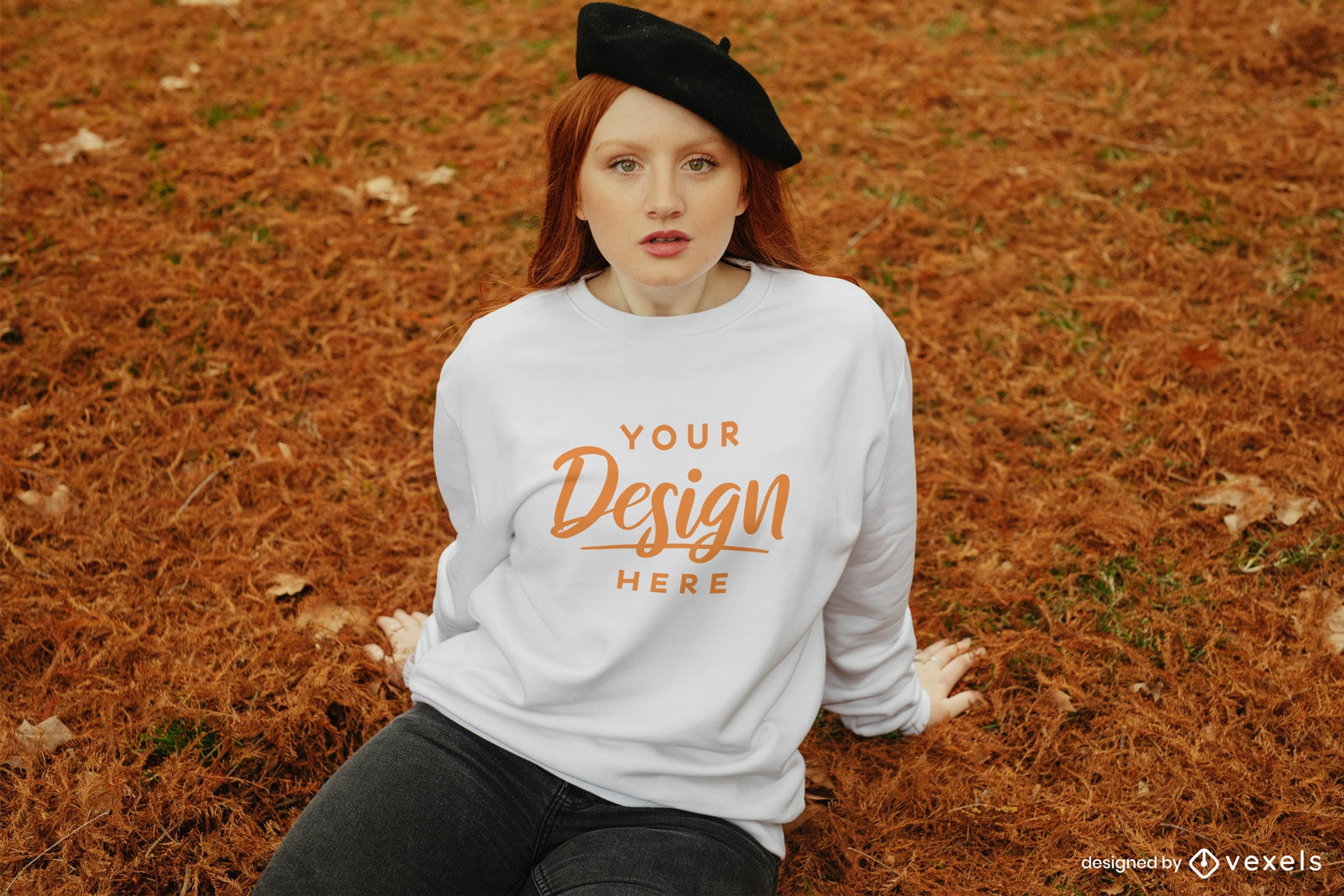 Ginger with beret autumn park sweatshirt mockup