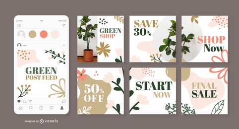 Pacote de design de mídia social de natureza botânica