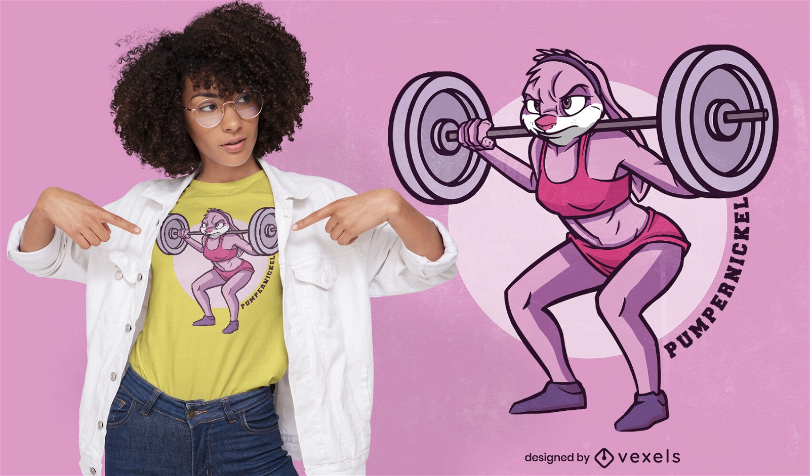 Diseño de camiseta de dibujos animados de conejito de levantamiento de pesas
