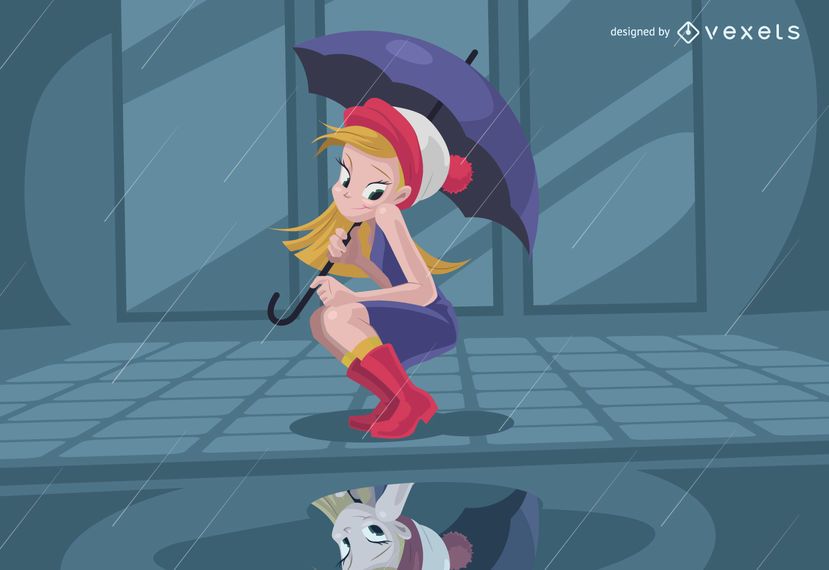 Girl looking at reflection on rain Girl looking at reflection on rain