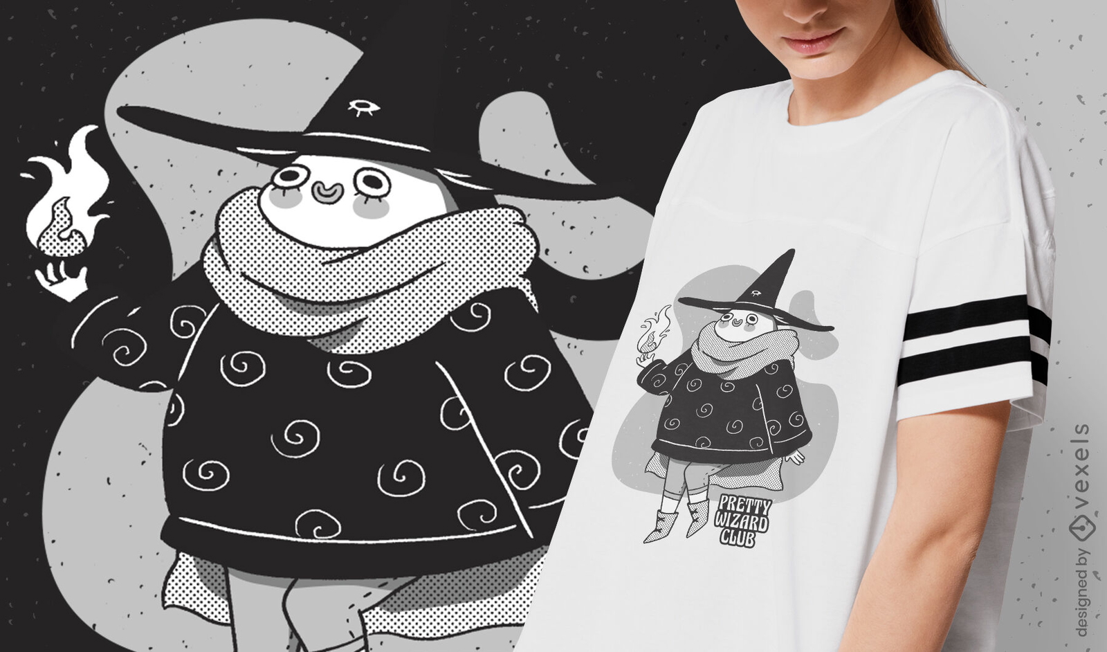 Diseño de camiseta de fantasía de mago de dibujos animados feliz