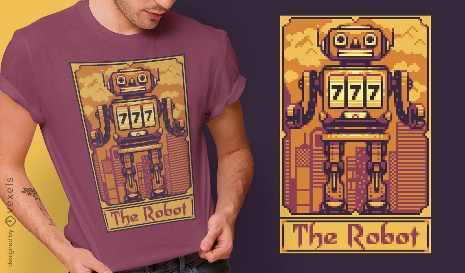 Diseño de camiseta de robot de cartas de tarot de píxeles