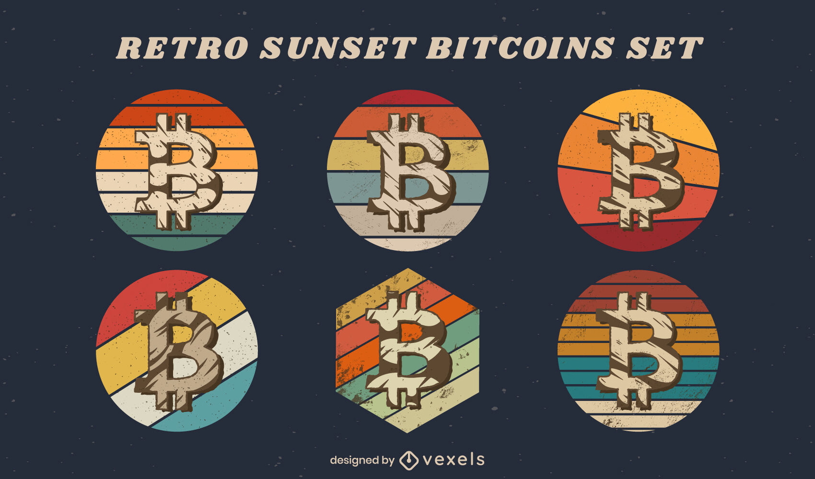 Conjunto de criptomoeda emblemas retro pôr do sol