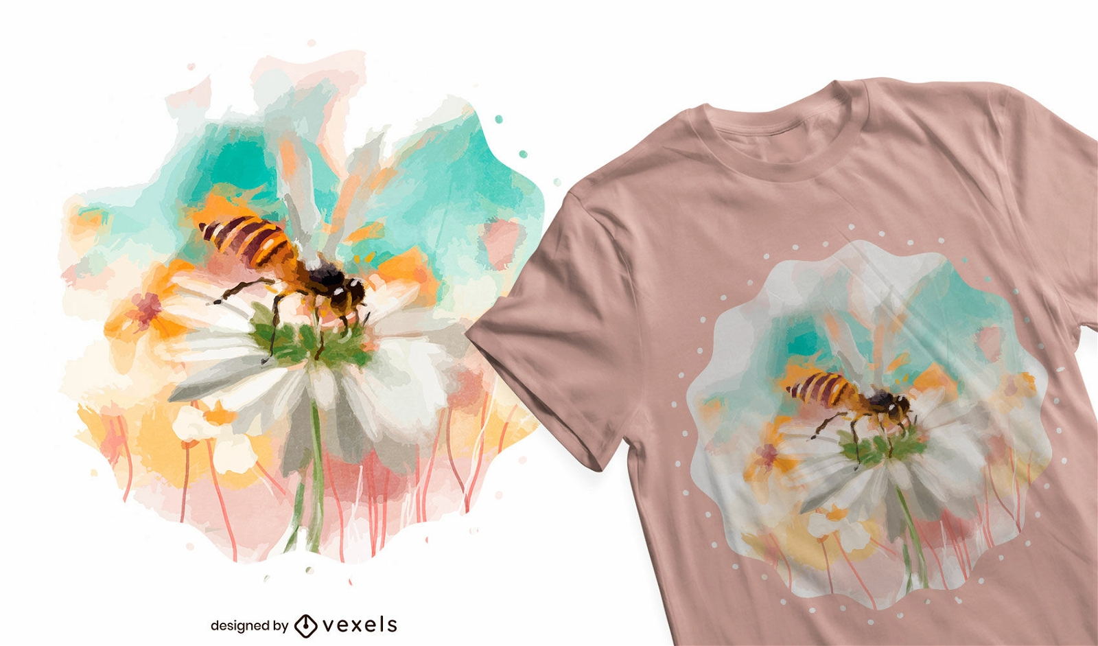 Biene im Blumenaquarell-T-Shirt-Design