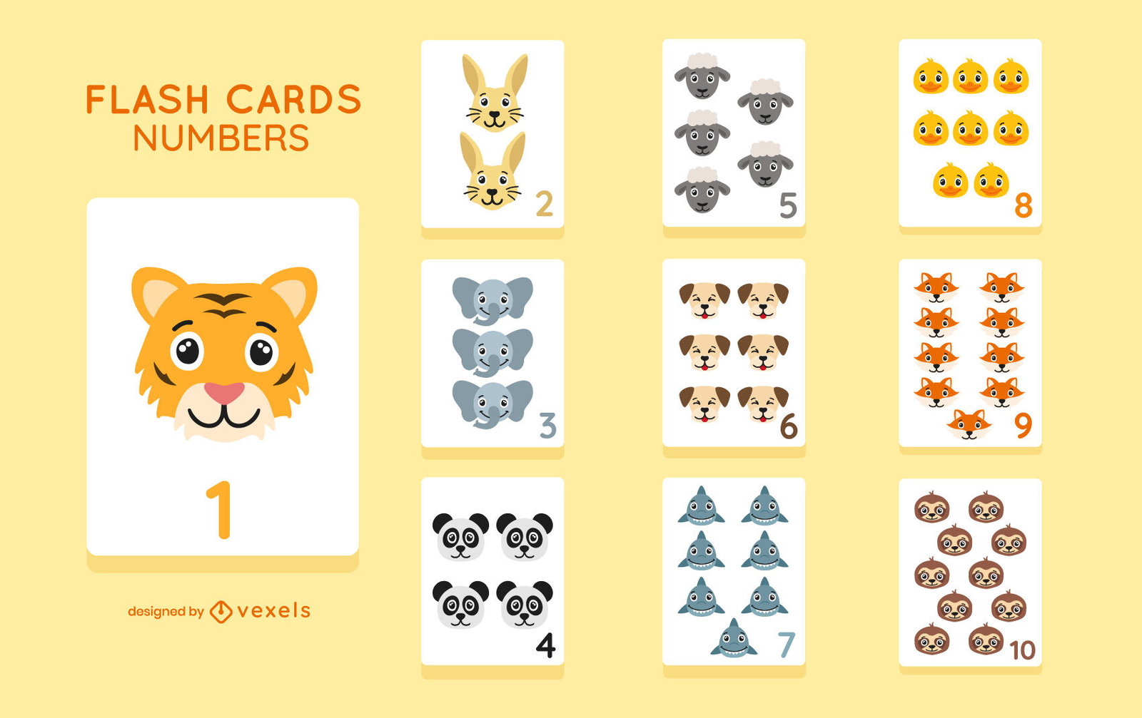 Number animals cute flash card education set