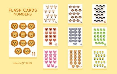 Conjunto de educação de cartão de memória flash de números de animais selvagens