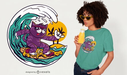 Diseño de camiseta surfing pizza cat.
