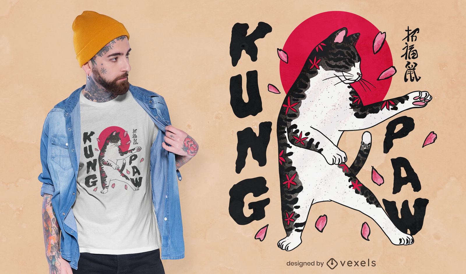 Diseño de camiseta de gato kung fu