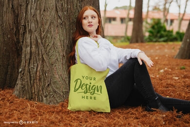 Autumn Redhead Sitting On Park Tote Bag Mockup PSD Editable Template