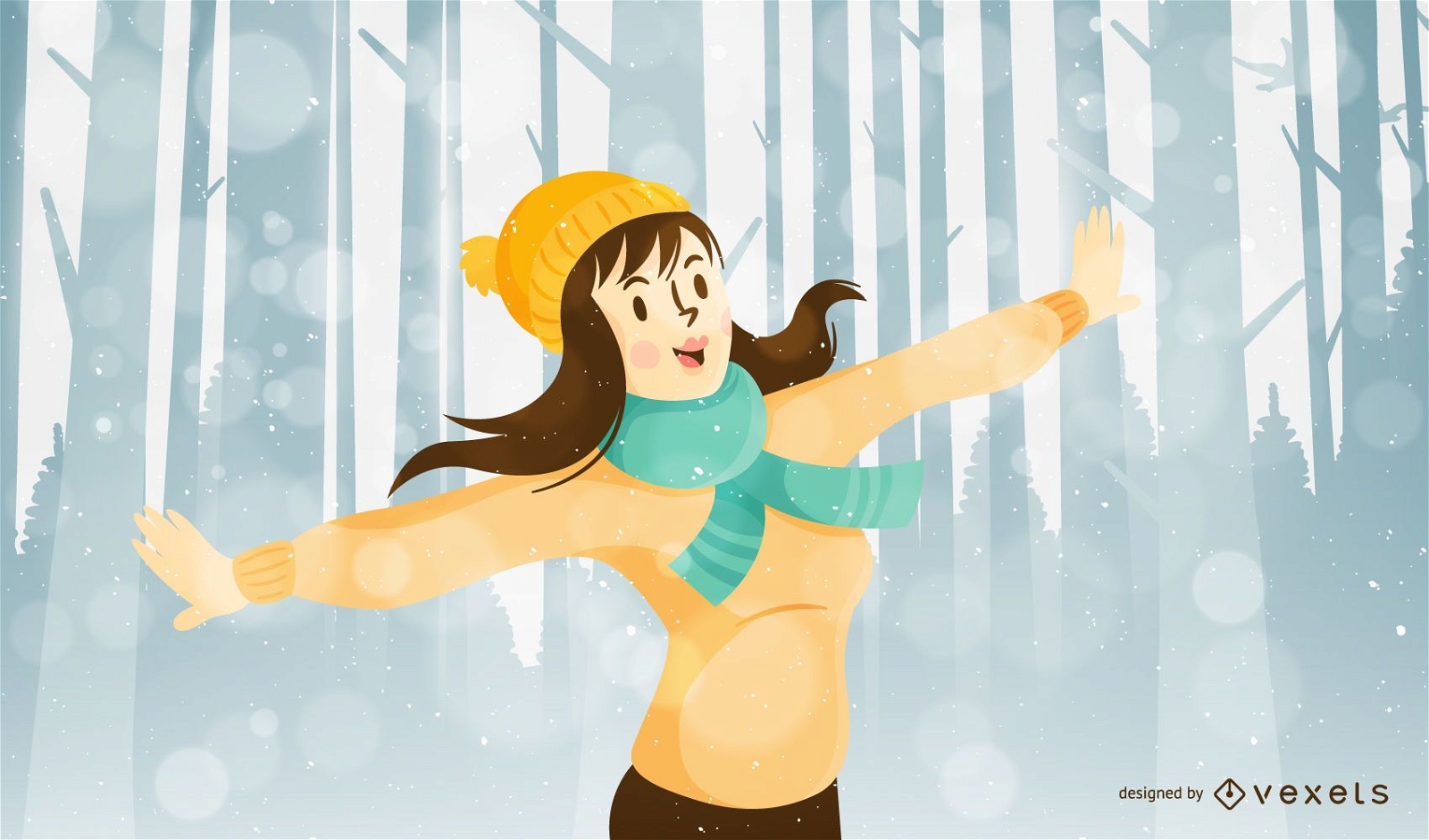 Christmas illustration with woman on forest