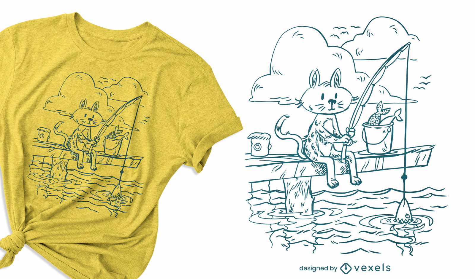 Diseño de camiseta de doodle de gato de pesca