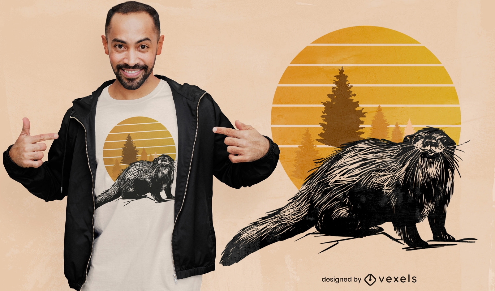 Lontra com design de camiseta ao pôr do sol